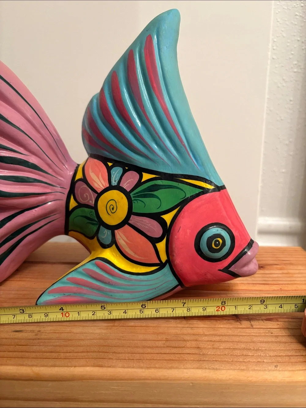 Rare Vintage Hand-Painted Colorful Talavera Style Pink & Blue Beta Fish